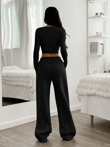 Black Drawstring Wide-Leg Sweatpants