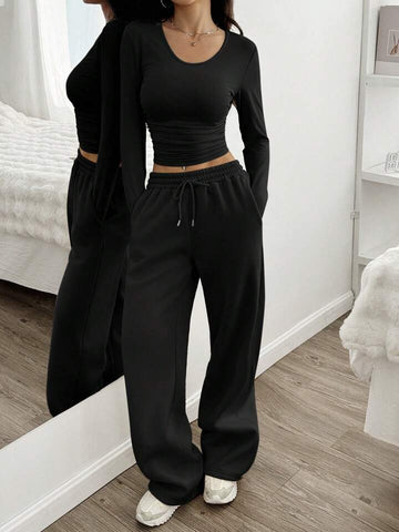 Black Drawstring Wide-Leg Sweatpants