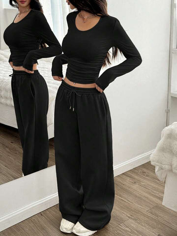 Black Drawstring Wide-Leg Sweatpants