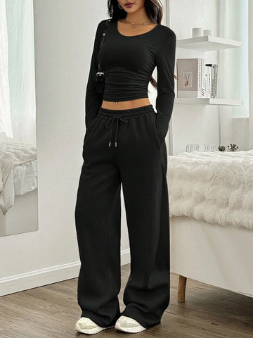 Black Drawstring Wide-Leg Sweatpants
