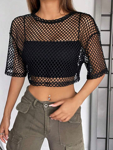 Teen Solid Black Mesh Top Without Cami Top