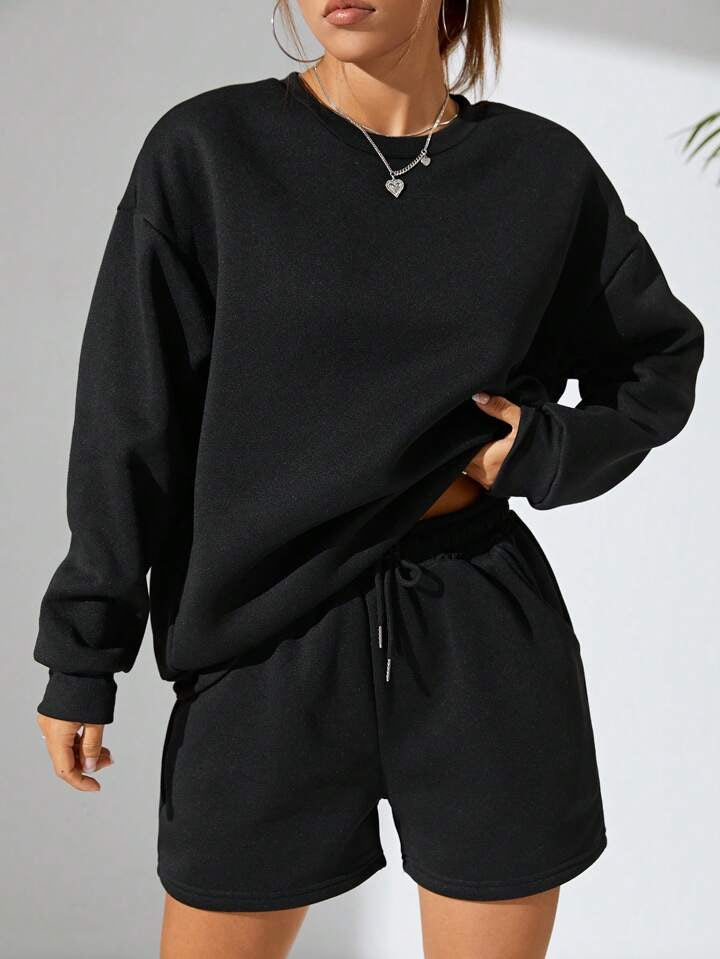 Women’s Black Fleece Sweatshirt & Shorts Co-ord Set