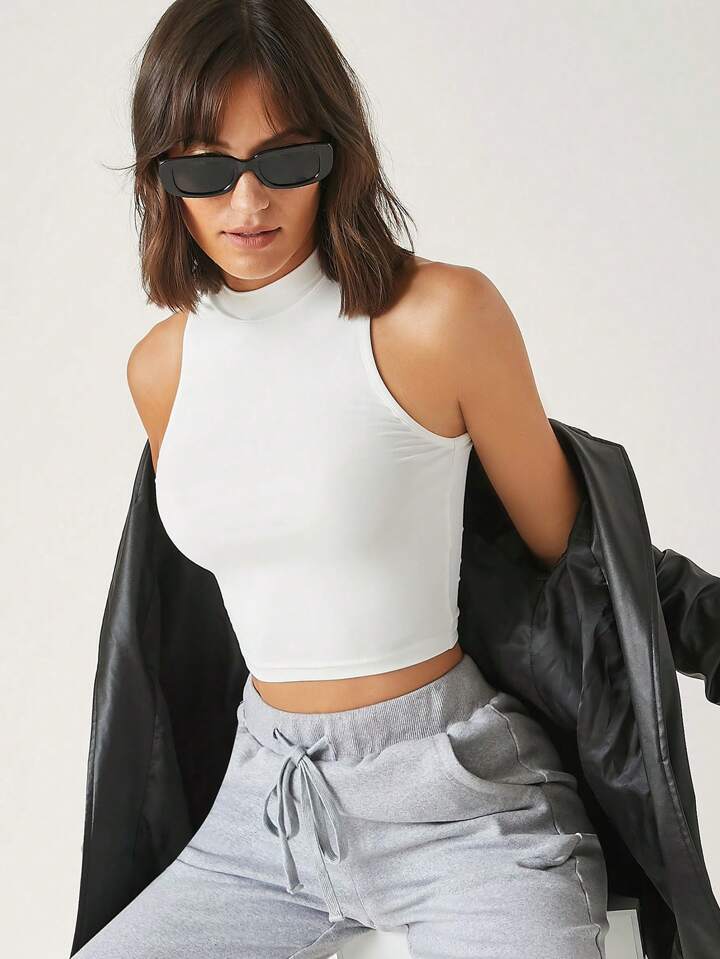 Mock Neck Cotton Jersey Fitted Tank Top