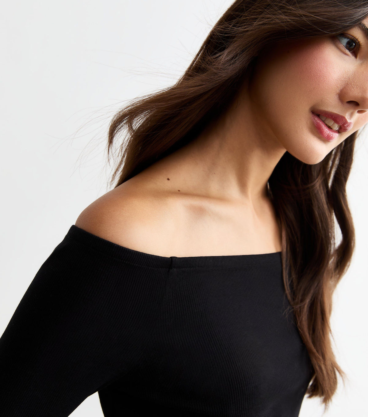 Black Ribbed Off-Shoulder Long Sleeve Top