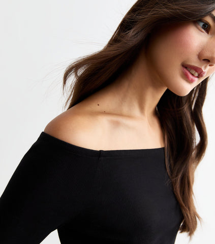 Black Ribbed Off-Shoulder Long Sleeve Top