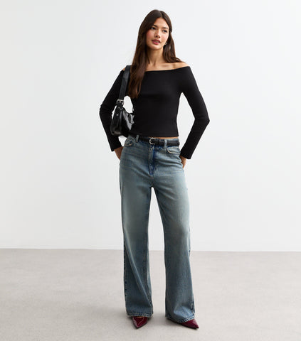 Black Ribbed Off-Shoulder Long Sleeve Top
