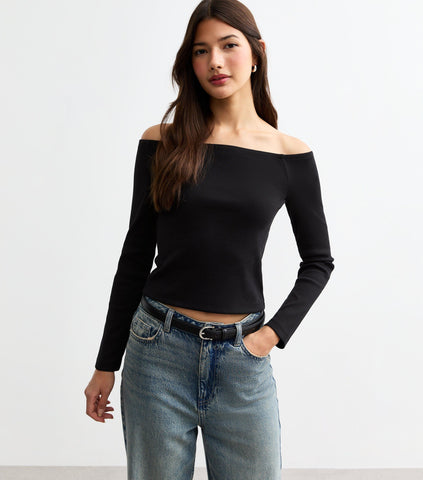 Black Ribbed Off-Shoulder Long Sleeve Top