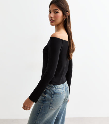 Black Ribbed Off-Shoulder Long Sleeve Top