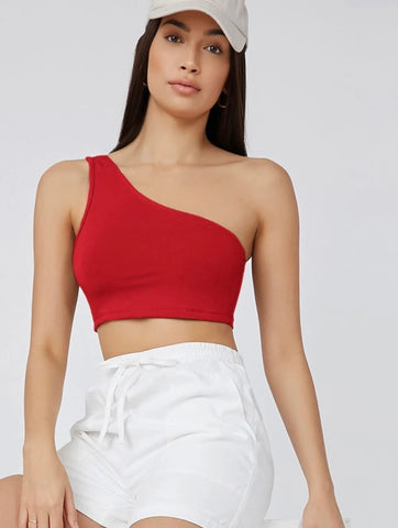 Teen Solid Red One Shoulder Rib Fitted Tank Top