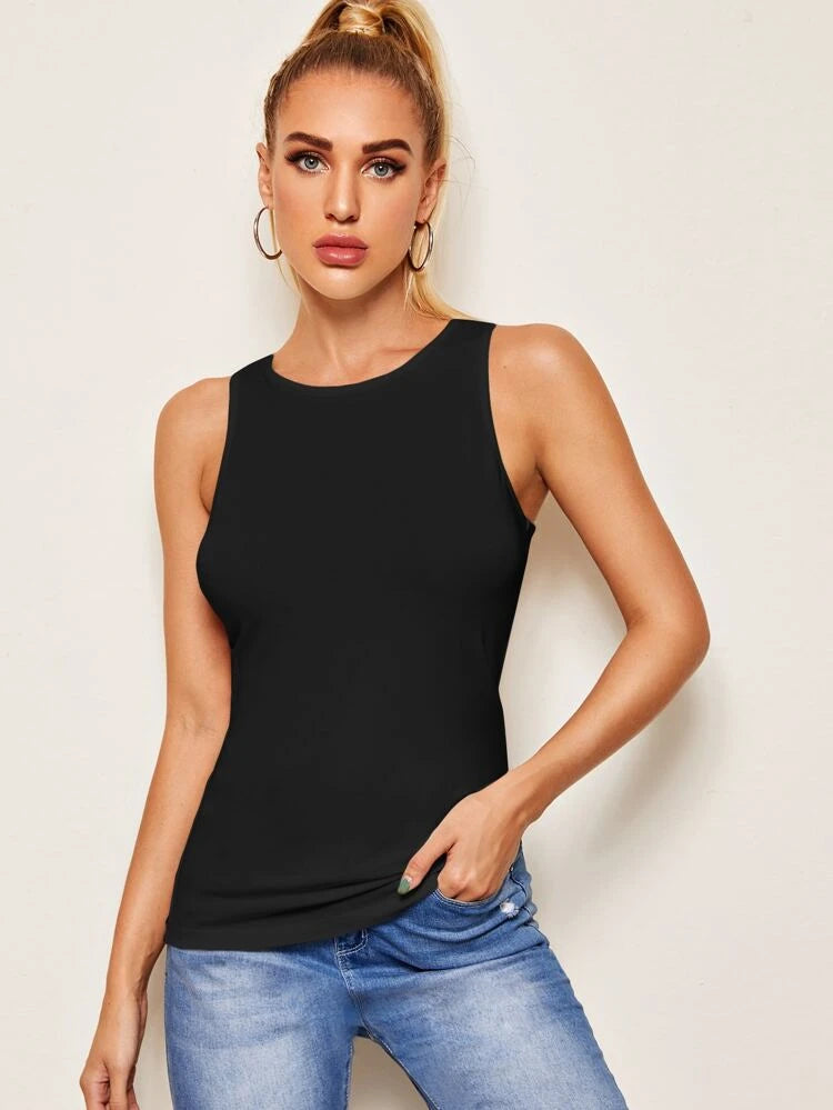 Teen Solid Black Rib Fitted Tank Top