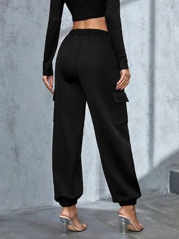 Teen Solid Black Flap Pockets Sweatpant
