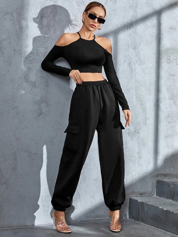 Teen Solid Black Flap Pockets Sweatpant