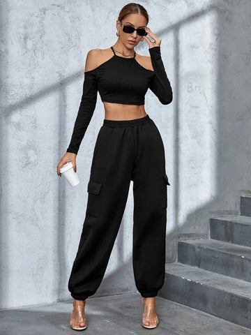 Teen Solid Black Flap Pockets Sweatpant