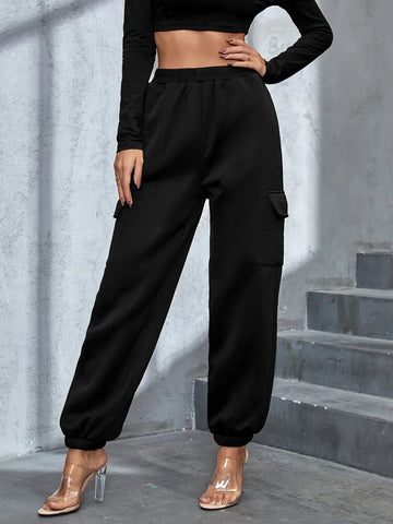 Teen Solid Black Flap Pockets Sweatpant