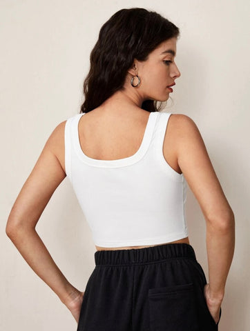 Teen Solid White Square Neck Rib Fitted Tank Tops